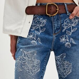 DRIFTWOOD Blue Straight Leg Jeans with White Floral Embroidery